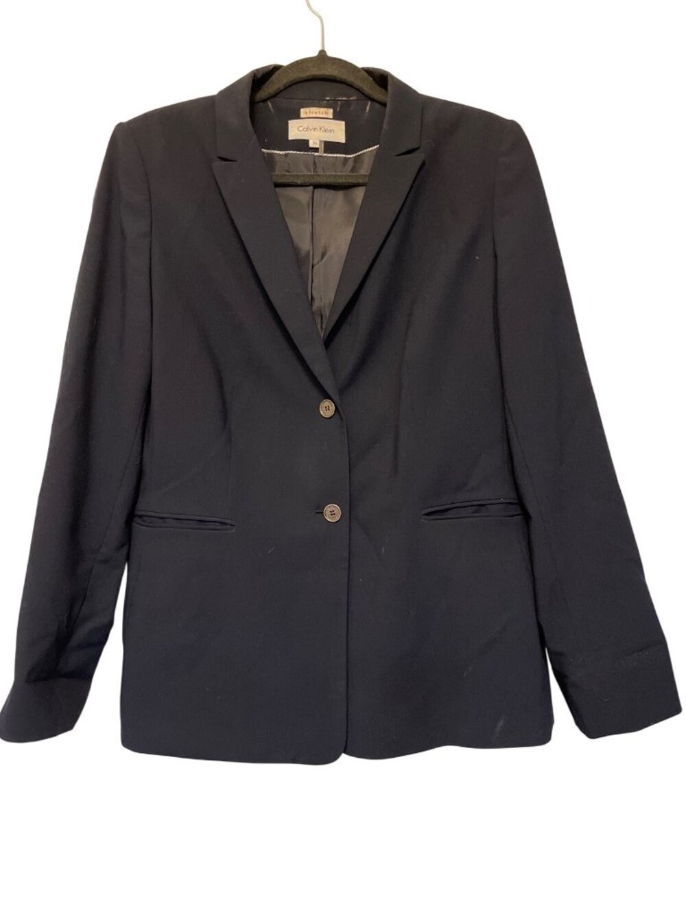 Calvin Klein Womens Navy Lined Stretch Blazer Size 14 Two-Button Front